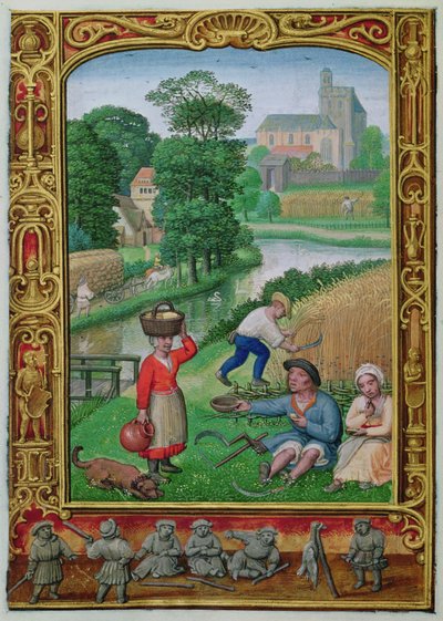 أضف 24098 f.25v August: الحصاد بالقرب من النهر ، من كتاب الصلوات أو كتاب الجولف ، حوالي 1520-30 (ورق) بواسطة سيمون (ورشة عمل) بينينغ
