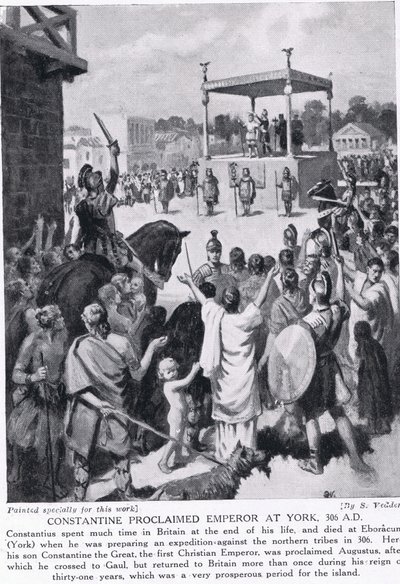 أعلن قسطنطين إمبراطورًا في يورك ، 306 م ، رسم توضيحي من "تاريخ الأمم لهتشنسون" ، ج .1910 بواسطة سيمون هارمون فيدير