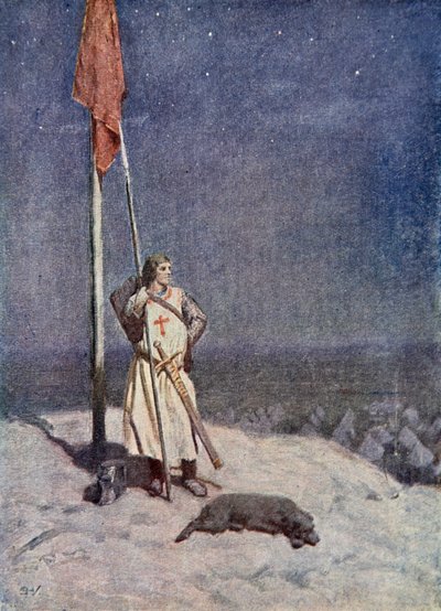 الفارس يقف متيقظًا على جبل سانت جورج مع راية إنجلترا ، التوضيح من "The Talisman: A Tale of the Crusaders" للسيد والتر سكوت بواسطة سيمون هارمون فيدير
