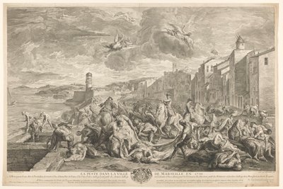 ضحايا الطاعون الدبلي يتم إعدامهم في لا توريت ، مرسيليا La Peste dans la ville de Marseille en 1720 (العنوان على الكائن) بواسطة جان فرانسوا دي تروي