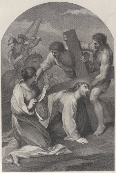 سقط المسيح على الأرض تحت ثقل الصليب ، بمساعدة رجلين و ... ، كاليفورنيا. 1729. بواسطة سيمون فالي