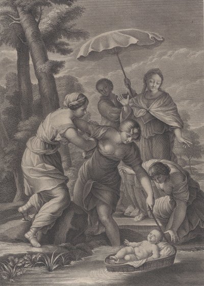 ثلاث نساء يسحبن السلة مع الرضيع موسى من الماء ، كاليفورنيا. 1729. بواسطة سيمون فالي