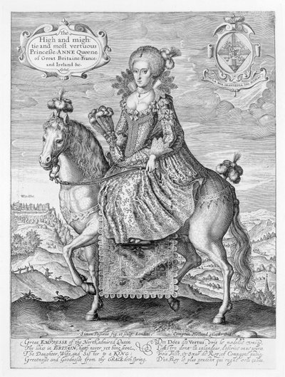 صورة الفروسية لآن من الدنمارك (1574-1619) منقوشة من قبل الفنان ، الحانة. بواسطة كومبتون هولاند ، 1616 بواسطة سيمون دي باس