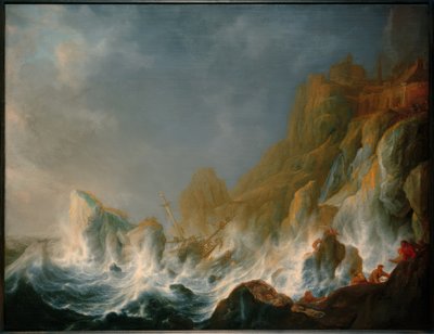 حطام سفينة في عاصفة بحرية على ساحل صخري بواسطة سيمون دي فليجر