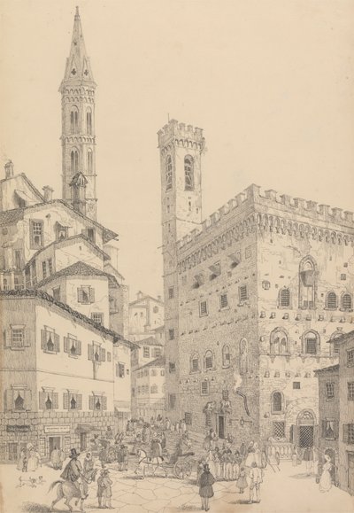 ألبوم يحتوي على 30 مشاهدة في تيرول وإيطاليا: منظر جنوبي لسجن Barqello أو سجن الدولة و Spire of the Badia 3.d مايو 1842 بواسطة السير تشارلز دي أويلي