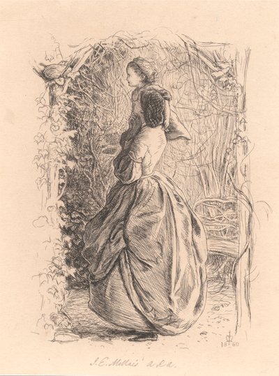 فلتسعدوا بالربيع. المرأة والطفل ينظران إلى الطيور في العش. بواسطة Sir John Everett Millais