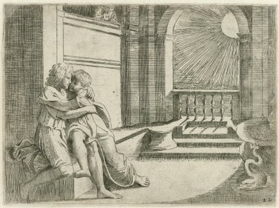Abimelech ziet Isaak Rebekka liefkozen Bijbelse Scènes (عنوان المسلسل) هيستوريا ديل تيستامينتو فيكيو / رسمت في روما في الفاتيكان بواسطة رافايل دي أوربين (...) (عنوان السلسلة) بواسطة رافائيل