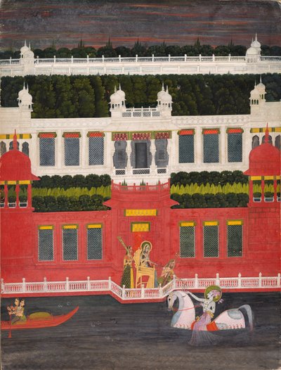 كريشنا يتلقى زهرة إكليل ، ج. 1750-1760. بواسطة سيتارام