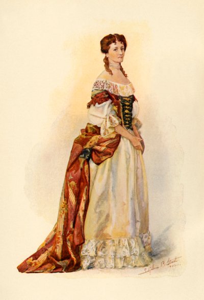 ثوب من الديباج الأحمر يرتديه مستعمرة بربادوس c1685 ، 1903 ، 1937. بواسطة صوفي بي ستيل