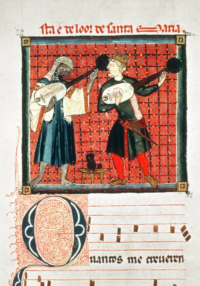 124-0633321 / 1 مور ومسيحي يعزفان على العود ، منمنمة في كتاب موسيقى من "أنتيجاس" لألفونسو العاشر "الحكيم" (1221-1284) (ورق) بواسطة المدرسة الاسبانية