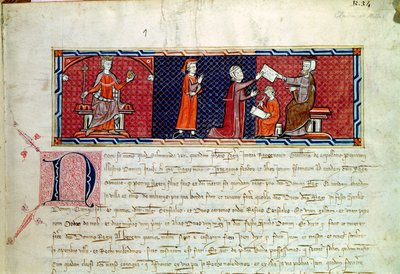 امرأة تؤدي اليمين أمام الملك جيمس الأول (1207-76) من مايوركا ، من Capbreu de Clayra et de Millas ، 1292 بواسطة المدرسة الاسبانية