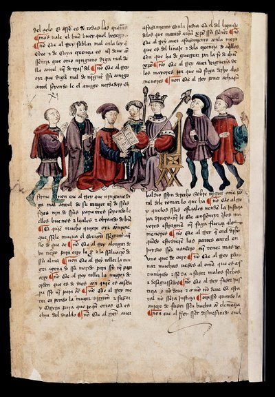 رجل يعرض على الملك كتابا مصغرًا في "كتاب العقوبات والوثائق من أجل العيش الكريم" بواسطة المدرسة الاسبانية