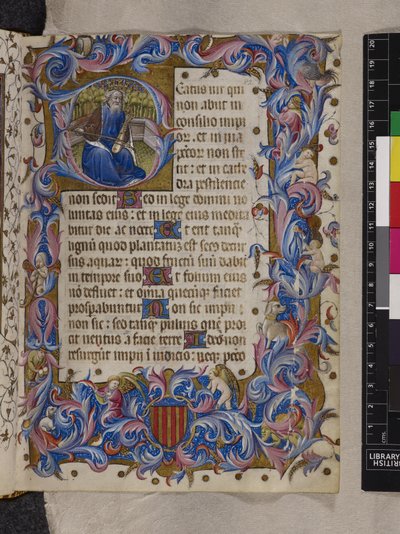 أضف MS 28962 f.82r الأولي "ب" الذي يصور الملك داود ، المزمور الأول ، من "سفر المزامير والساعات ، استخدام الدومينيكان" أو "كتاب الصلاة لألفونسو الخامس من أراغون" ، حوالي 1436-1443 (حبر ولون وذهب على ورق) بواسطة المدرسة الاسبانية