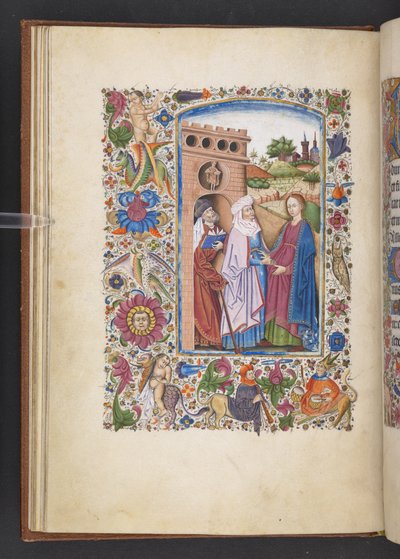 أضف MS 50004 f.16v The Visitation ، من "كتاب الصلوات" (بالحبر واللون والذهب على الرق) بواسطة المدرسة الاسبانية