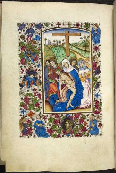 أضف MS 50004 f.70v العذراء مريم وهي تحمل جسد المسيح ، مع تلميذين وامرأة بجانبها ، من "كتاب الصلوات" (حبر ، لون وذهب على ورق) بواسطة المدرسة الاسبانية