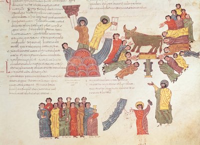 عشق العجل الذهبي ، من الكتاب المقدس القوطي والموزاربي للقديس إيسيدوريس ، ص .46 ص. ، 960 م (درجة الحرارة على الرق) بواسطة المدرسة الاسبانية