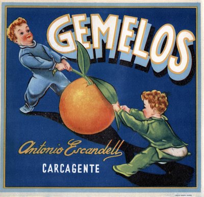 Advertising for oranges, image of two twin babies fighting for an orange. Advertising poster, Valencia بواسطة المدرسة الاسبانية