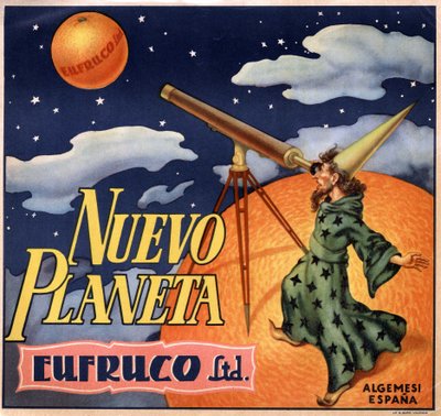 Advertising with a magician observing “” the new planet Orange”””. Advertising poster, Valencia بواسطة المدرسة الاسبانية