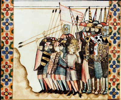 Armee des croises تفاصيل صفحة مأخوذة من مخطوطة لأغنية القديسة ماري (Cantigas de Santa Maria) ، تزين المنمنمات المكرسة للقديسة مريم ومعجزاتها ، وهي مجموعة من الأغاني التي ترجع إلى عهد ألفونسو العاشر الحكيم (1221- 1284). بواسطة المدرسة الاسبانية
