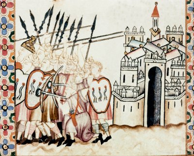 Armee of the Moors يدافع عن مدينة تفاصيل صفحة مأخوذة من مخطوطة لأغنية القديسة ماري (Cantigas de Santa Maria) ، تزين المنمنمات المخصصة للقديسة مريم ومعجزاتها ، وهي مجموعة من الأغاني redige في عهد ألفونسو العاشر ث بواسطة المدرسة الاسبانية