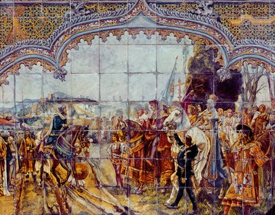 Boabdil يستسلم مفاتيح غرناطة للملوك الكاثوليك عام 1492 (خزفي) بواسطة المدرسة الاسبانية