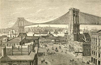 جسر بروكلين، نيويورك، الولايات المتحدة الأمريكية في القرن التاسع عشر. من El Museo Popular نشرت مدريد بواسطة المدرسة الاسبانية