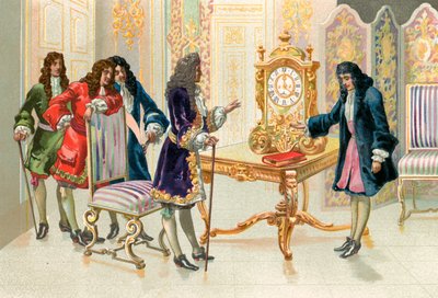 كريستيان Huygens تقديم ساعة البندول إلى لويس الرابع عشر بواسطة المدرسة الاسبانية