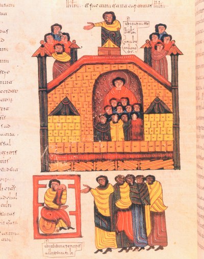 غزو القدس من قبل نبوخذنصر والنبي إرميا يستقبلان شخصيات المدينة ، ص .283 ظ. ، من الكتاب المقدس القوطي - الموزارابي للقديس إيسيدوريس ، 960 م (درجة الحرارة على الرق) بواسطة المدرسة الاسبانية