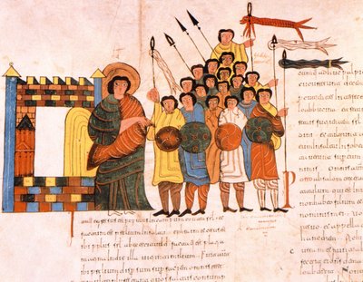 رحيل جيش الملك دافيدز من أجل الحرب ، من الكتاب المقدس القوطي والموزاربي للقديس إيسيدوريس ، الورقة ١٣١ ظ ، ٩٦٠ م (درجة الحرارة على الرق) بواسطة المدرسة الاسبانية