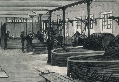 الاقتصاد (القرن التاسع عشر). مصنع الورق باسبانيا "" La Guipuzcoana ". غرفة الاسطوانة والمغسل للمصنع الموجود في تولوسا (جويبوزكوا). نقش بواسطة المدرسة الاسبانية