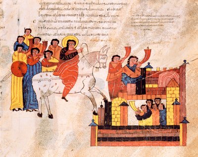 دخول الملك داود إلى أورشليم إلى صوت الأبواق ، من الكتاب المقدس القوطي والموزاربي للقديس إيسيدوريس ، ص. 135 ص ، 960 م. بواسطة المدرسة الاسبانية