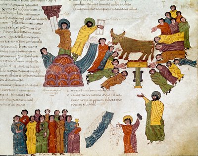 الخروج: "" عبادة العجل الذهبي "" موسى وألواح الشريعة. مصغرة من الكتاب المقدس Mozarabic. القرن العاشر. ليون. مكتبة الكلية الملكية للقديس إيزيدور. إسبانيا بواسطة المدرسة الاسبانية