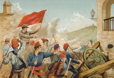 قتال بين المتطوعين والجنود الجمهوريين ، سارية ، برشلونة ، 1874 بواسطة المدرسة الاسبانية
