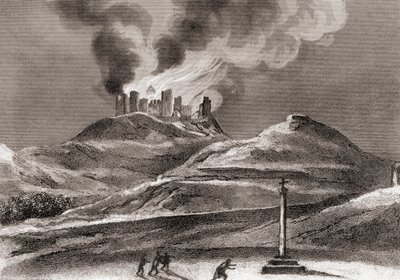 حريق في دير مونتياغون ، كوينسينا ، هويسكا ، إسبانيا عام 1835 (ليثو) بواسطة المدرسة الاسبانية