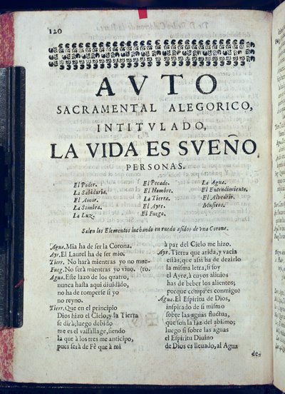الصفحة الأولى من Life is Sueno من Los Autos Sacramentales بقلم بيدرو كالديرون دي لا باركا (1600-81) حرره خوان غارسيا إنفانزون ، 1690 (ورق مطبوع) بواسطة المدرسة الاسبانية
