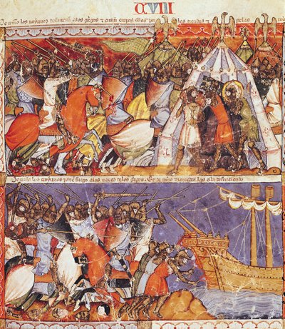 الورقة ١٠٨ و: التروجان يغزون المعسكر اليوناني ويضرم النار في السفن اليونانية ، من المخطوطة بينيتو دي سانتا مورا بواسطة المدرسة الاسبانية