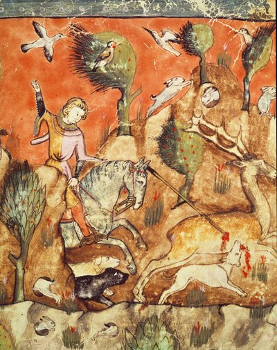 Fol.178v صياد يطارد غزالًا من Codex Benito Santa Mora بواسطة المدرسة الاسبانية