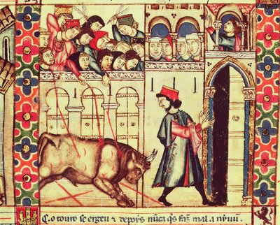 Fol.200r وفاة ثور في الحلبة ، من المخطوطة التي أُنشئت تحت إشراف ألفونسو العاشر الملك الحكيم لقشتالة وليون بواسطة المدرسة الاسبانية