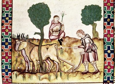 Fol.237r مزارع يعلم ابنه لحرث حقل بواسطة المدرسة الاسبانية