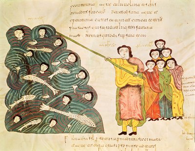 صفحة ٣٩ ظ موسى يغلق البحر الأحمر على المصريين ، من الكتاب المقدس موزارابي بواسطة المدرسة الاسبانية