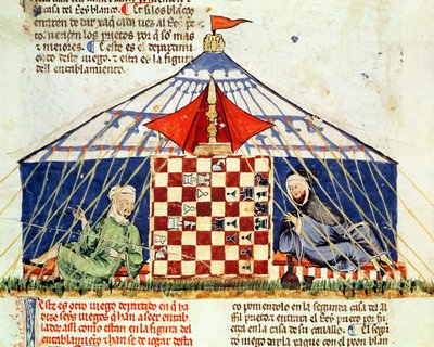 Fol.62v عربان يلعبان الشطرنج في خيمة ، من كتاب الألعاب ، الشطرنج ، الزهر واللوحات ، 1282 بواسطة المدرسة الاسبانية