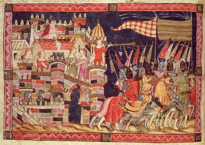 Fol.86v أحصنة طروادة تغادر للمعركة ، من المخطوطة بينيتو سانتا مورا بواسطة المدرسة الاسبانية