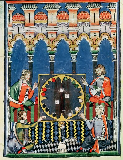 Fol.89v أربعة لاعبين للطاولة العربية ، من كتاب الألعاب ، الشطرنج ، الزهر واللوحات ، 1282 بواسطة المدرسة الاسبانية