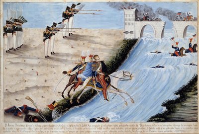 الجنرال جوزيف (جوزيف) أنتوني بوناتوفسكي (1763-1813) يغرق أثناء محاولته عبور إلثر في معركة لايبزيغ (معركة الأمم) لتجنب الوقوع من قبل الحلفاء في أكتوبر 1813 لوحة مائية من المدرسة الإسبانية - 1813 إيل دايكس ، متحف نابليون بواسطة المدرسة الاسبانية