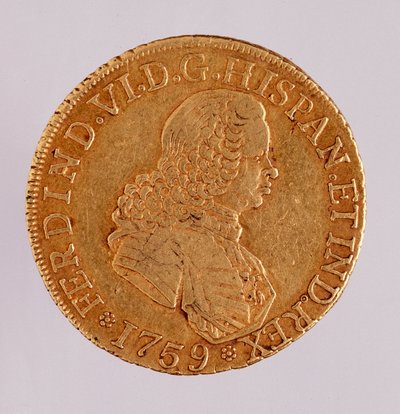 عملة ذهبية (8 ecus) من إسبانيا: عهد فرديناندو (فرديناند) السادس (1746-1759). 1759 ديم. 3،5 سم نابولي ، المتحف الأثري بواسطة المدرسة الاسبانية