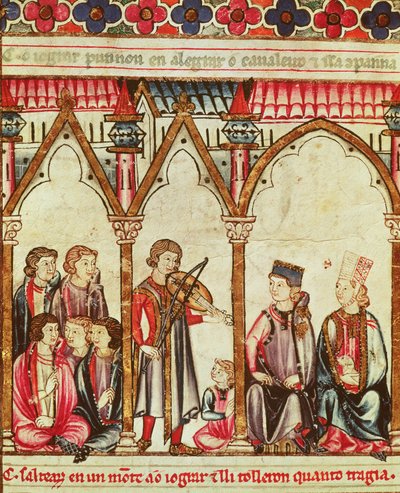 مجموعة Troubadours ، توضيح من Cantigas de Santa Maria ، صُنع تحت إشراف ألفونسو العاشر (الحكيم) ملك قشتالة وليون (1221-84) (انظر أيضًا 56625) بواسطة المدرسة الاسبانية