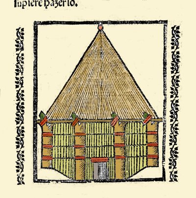 الموطن: وصف Cabane des Indigenes Caraibes. نقش من كتاب "التاريخ العام لجزر الإنديز والجزر والبر الرئيسي لبحر المحيط" بقلم غونزالو فرنانديز دي أوفييدو (غونزالو) أو فرنانديز دي ، أو هيرنانديز دي أوفييدو إي فالديس (1478-1557) بواسطة المدرسة الاسبانية