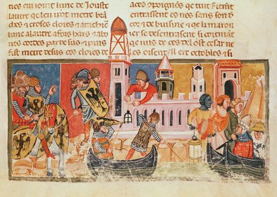 الحرف الأول التاريخي "ب" الذي يصور فارسين في المعركة ، من "Libre Verd" ، حوالي عام 1380 (ورق رِق) بواسطة المدرسة الاسبانية