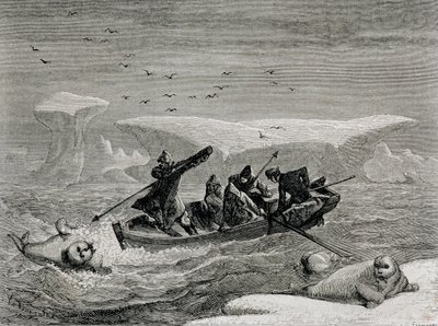 صيد الفظ مع Harpoons في جزر سبيتسبيرجين ، أرخبيل سفالبارد ، رسم توضيحي من "العودة إلى العالم" ، 1865 بواسطة المدرسة الاسبانية