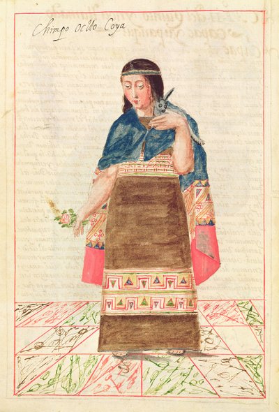 رسم توضيحي من "التاريخ وعلم الأنساب الملكي لملوك الإنكا في بيرو ، لأفعالهم وعاداتهم وأزيائهم وطريقة حكومتهم" ، والمعروفة باسم Codice Murua (الرق) بواسطة المدرسة الاسبانية